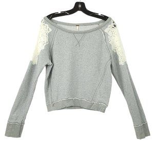 Free People Boatneck Sweatshirt Top Womens Size S Lace Applique Gray Cotton